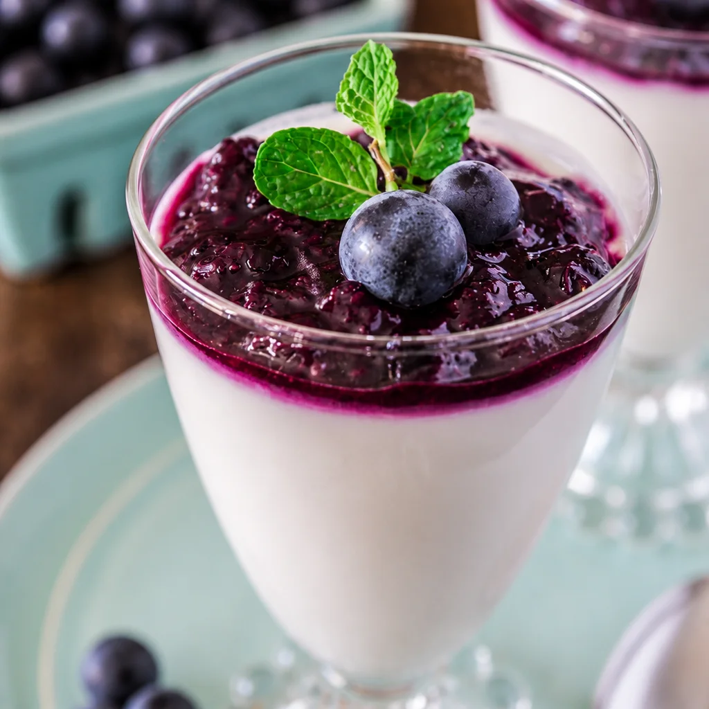Delicious classic panna cotta topped with vibrant berry sauce, an elegant Italian dessert.