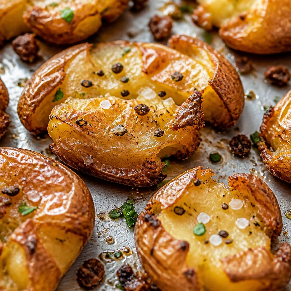 Plate of crispy smashed potatoes with garlic butter, garnished with herbs.