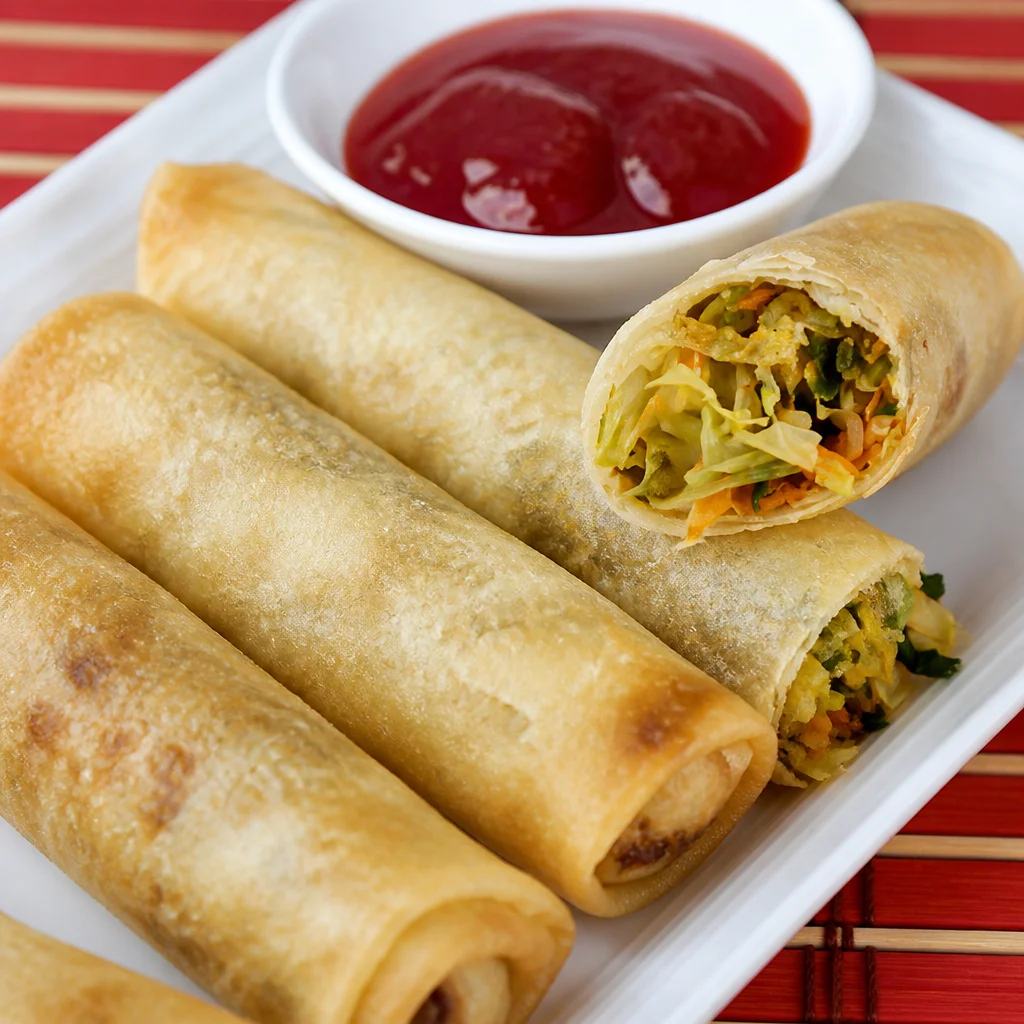 Plate of crispy vegetable spring rolls served with dipping sauce.