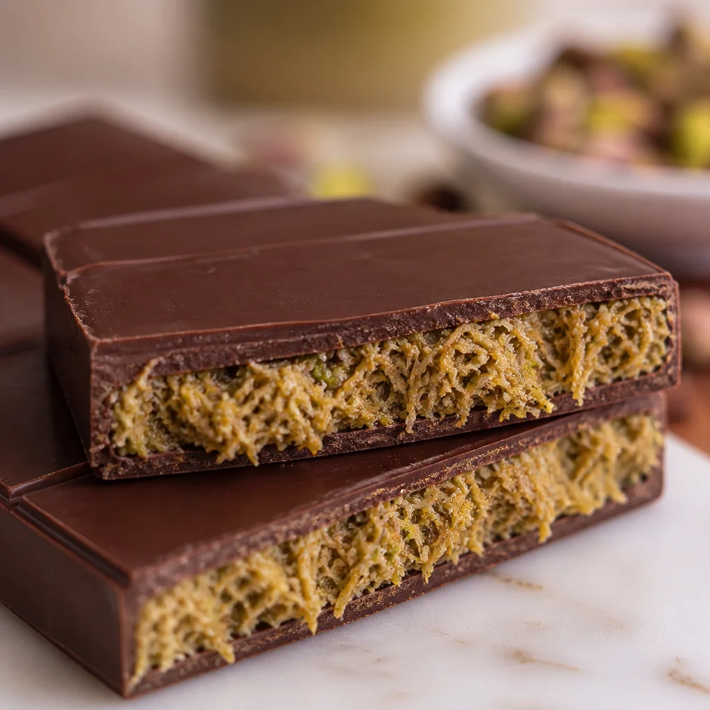 Dubai Chocolate Bar Pistachio Kunafa with creamy filling wrapped in kataifi pastry