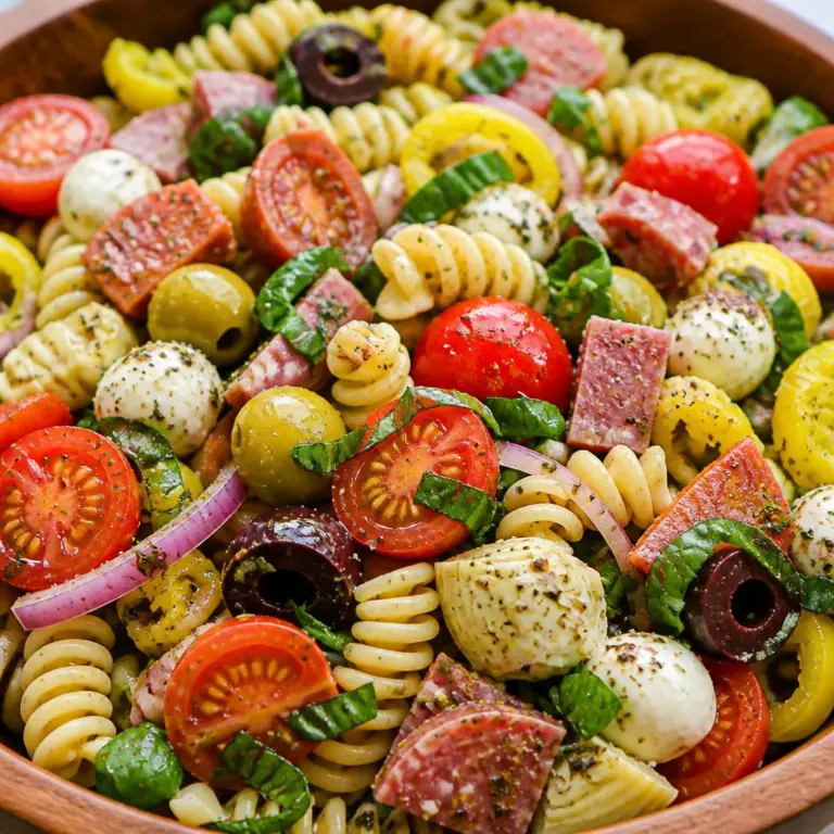 Delicious Easy Antipasto Pasta Salad with deli meats, cheeses, and fresh vegetables.