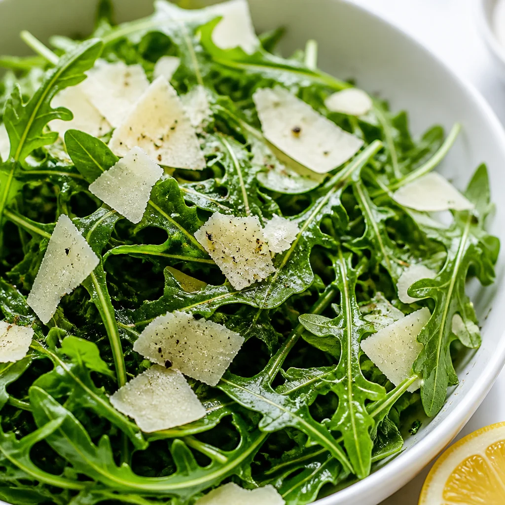 Easy Arugula Parmesan Salad with Lemon Olive Oil dressing and fresh ingredients.