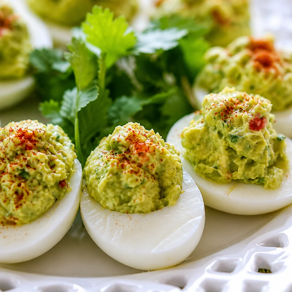 Easy Avocado Deviled Eggs with guacamole style filling, garnished with cilantro.