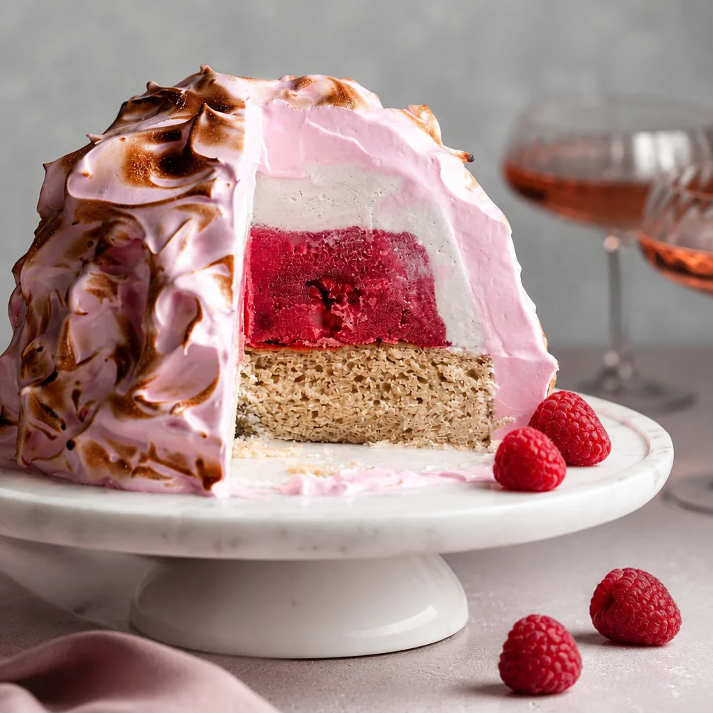 Easy Baked Alaska dessert featuring layers of ice cream, cake, and meringue.