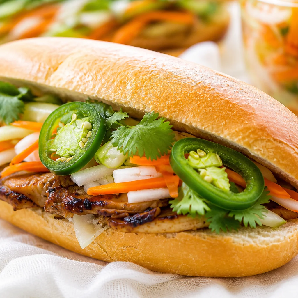Easy Banh Mi sandwich with Pork and pickled carrots and daikon radish
