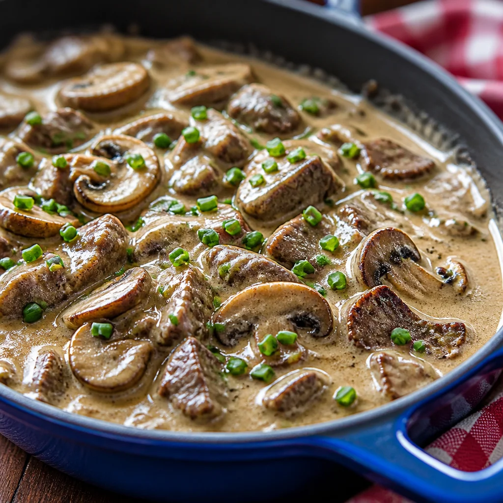 Creamy Beef Stroganoff with Mushrooms and Noodles served in a bowl