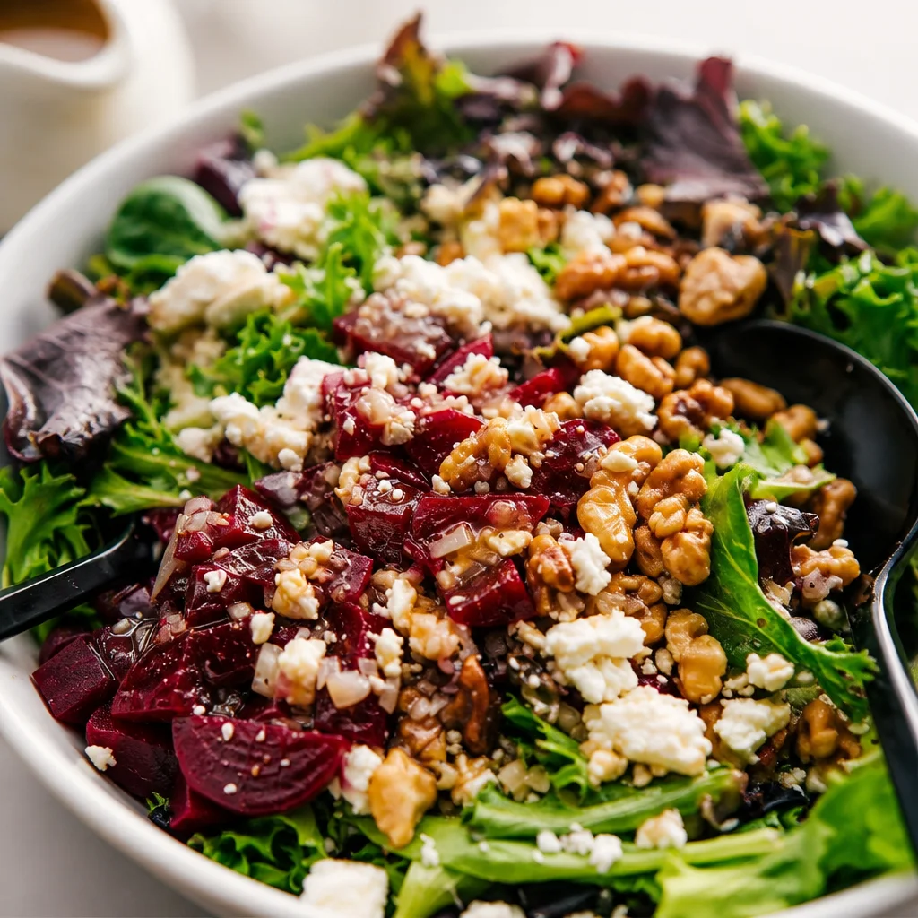 Easy Beet and Goat Cheese Salad with Candied Walnuts served on greens