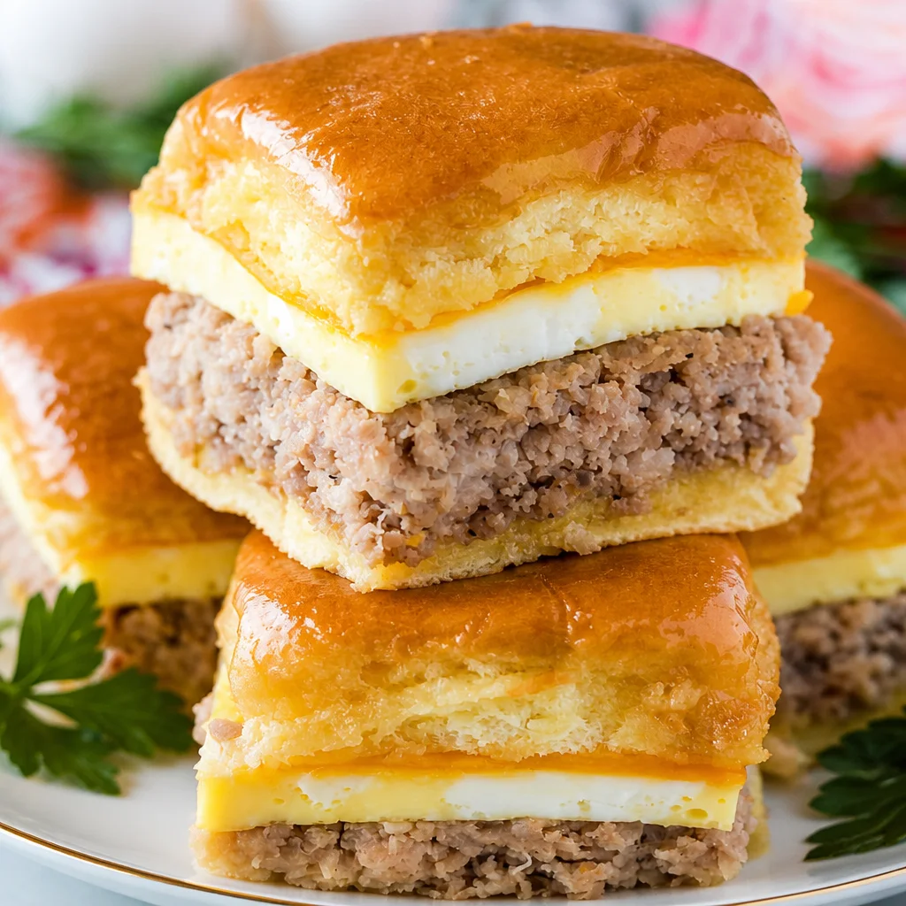 Easy Breakfast Sliders with sausage, egg, and cheese on mini rolls