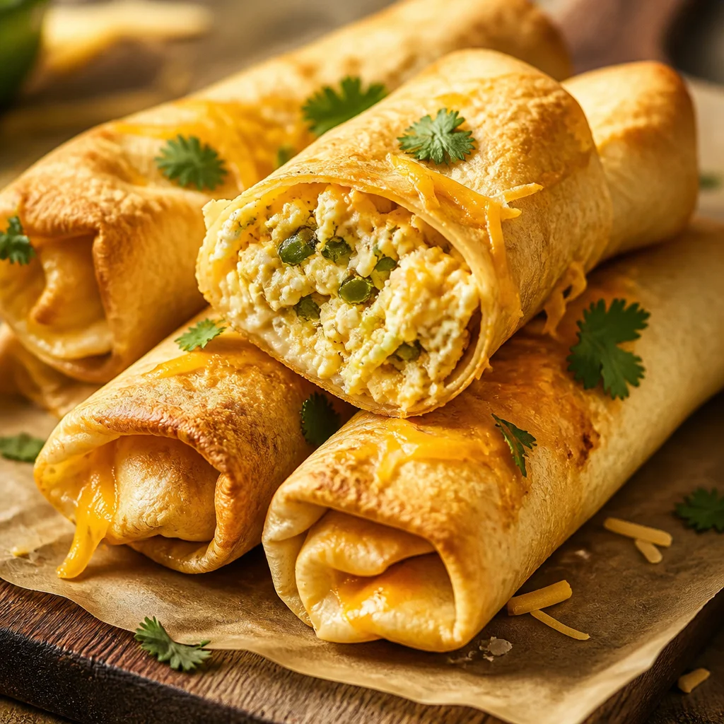 Easy Breakfast Taquitos filled with scrambled eggs, cheese, and sausage wrapped in corn tortillas.