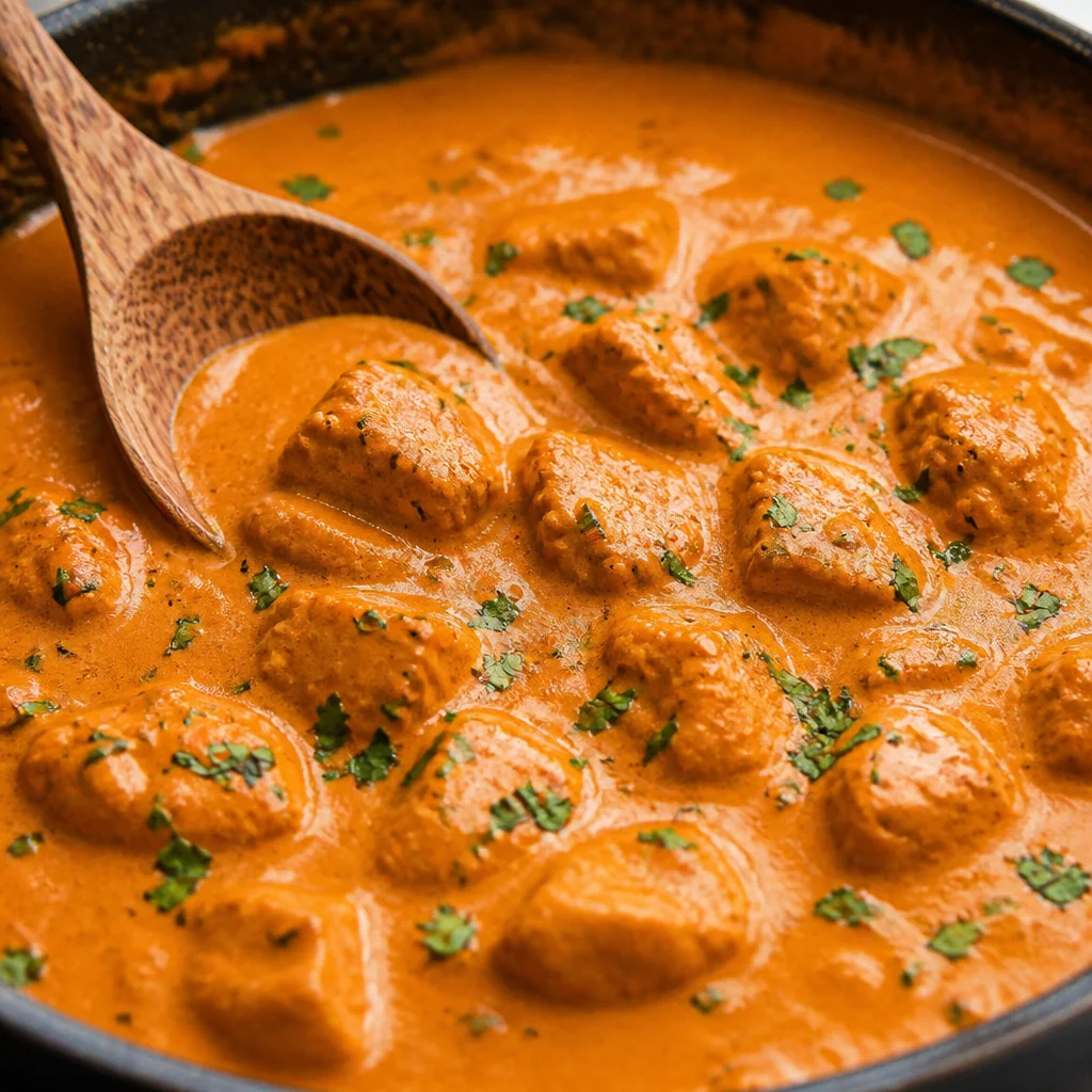 Easy Butter Chicken with a creamy tomato sauce served over rice.