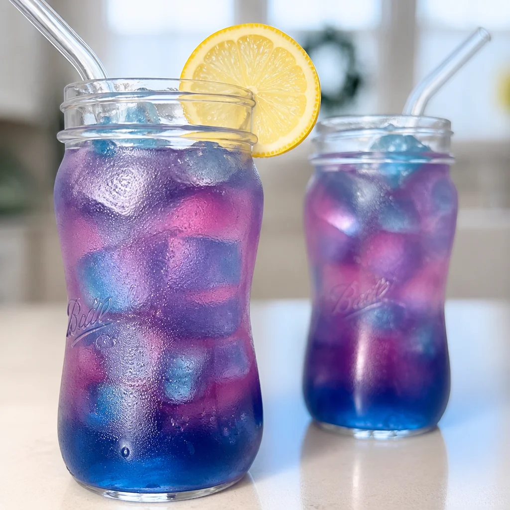 Color-changing Easy Butterfly Pea Flower Lemonade transitioning from blue to magenta.