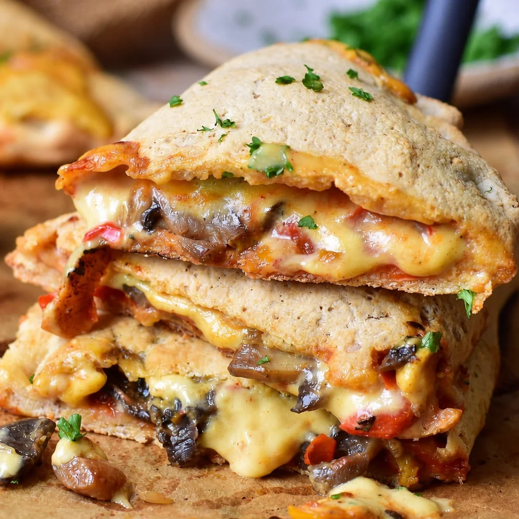 Delicious Easy Calzone stuffed pizza pocket baked with cheese and peppers.