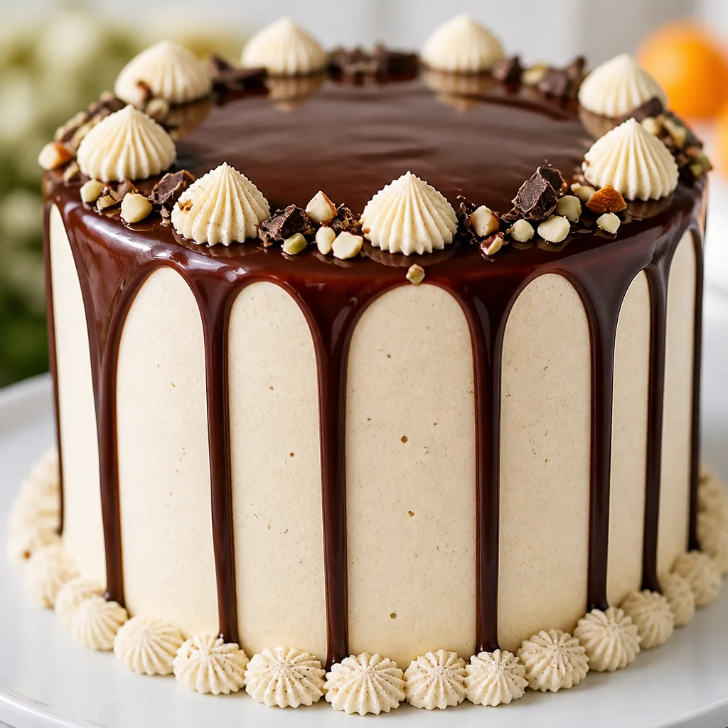 Delicious Easy Cannoli Cake with layers of ricotta filling and chocolate ganache.
