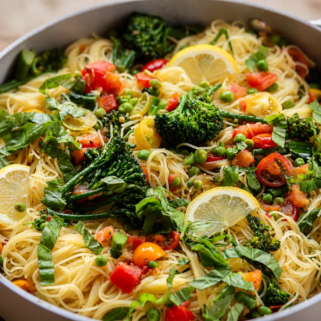 Easy Capellini Pasta Salad with tomatoes, basil, garlic, and lemon juice.