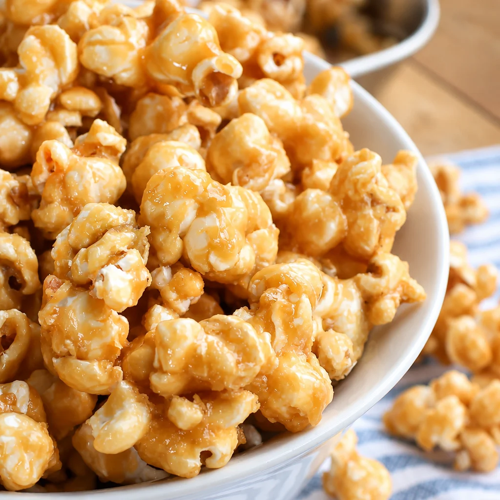 Bowl of homemade Easy Caramel Popcorn with a crunchy texture and sweet coating.