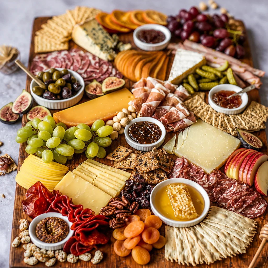 Easy Charcuterie Board with a variety of cheese, meats, crackers, and spreads.