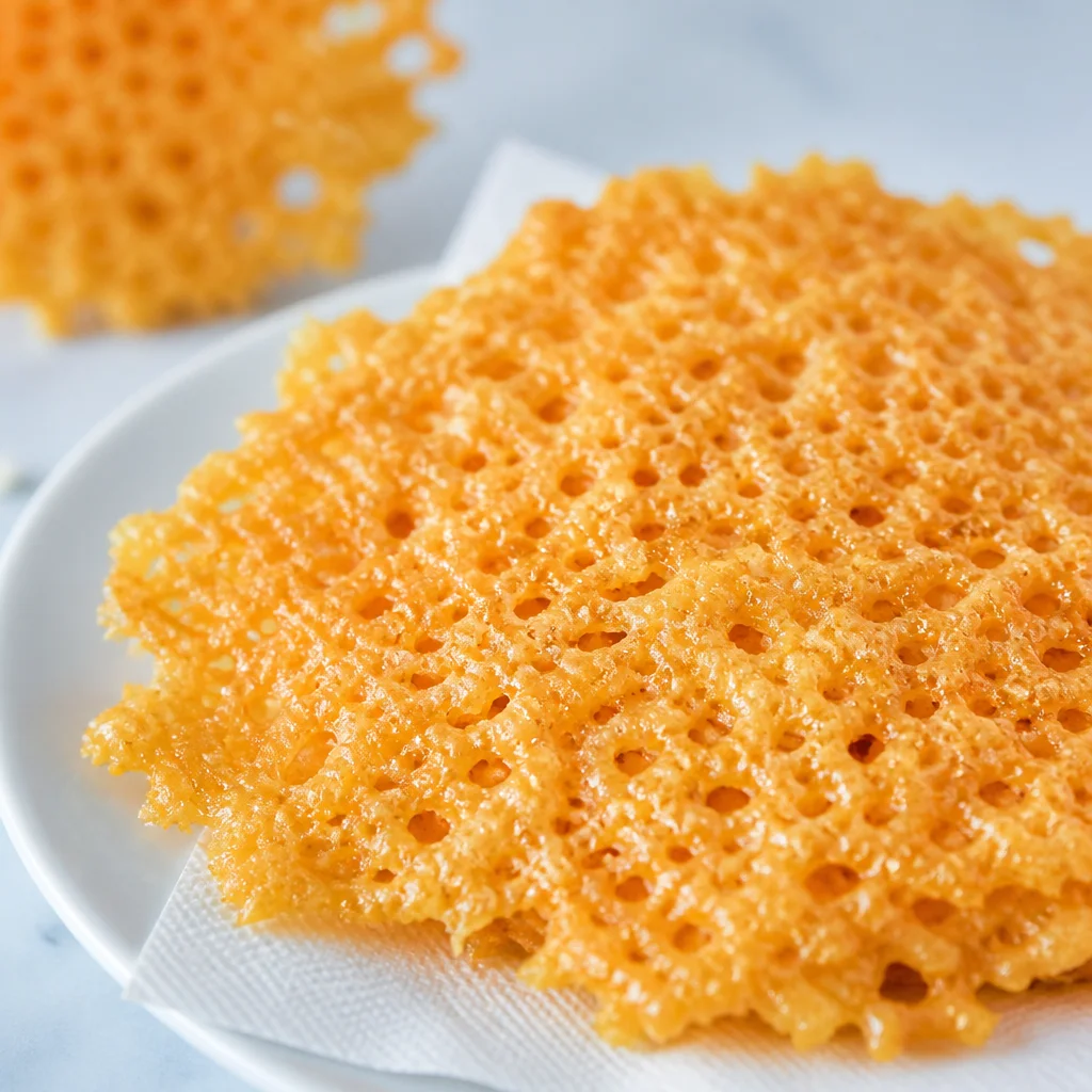 Crispy, golden baked Parmesan cheese crisps on a baking sheet.