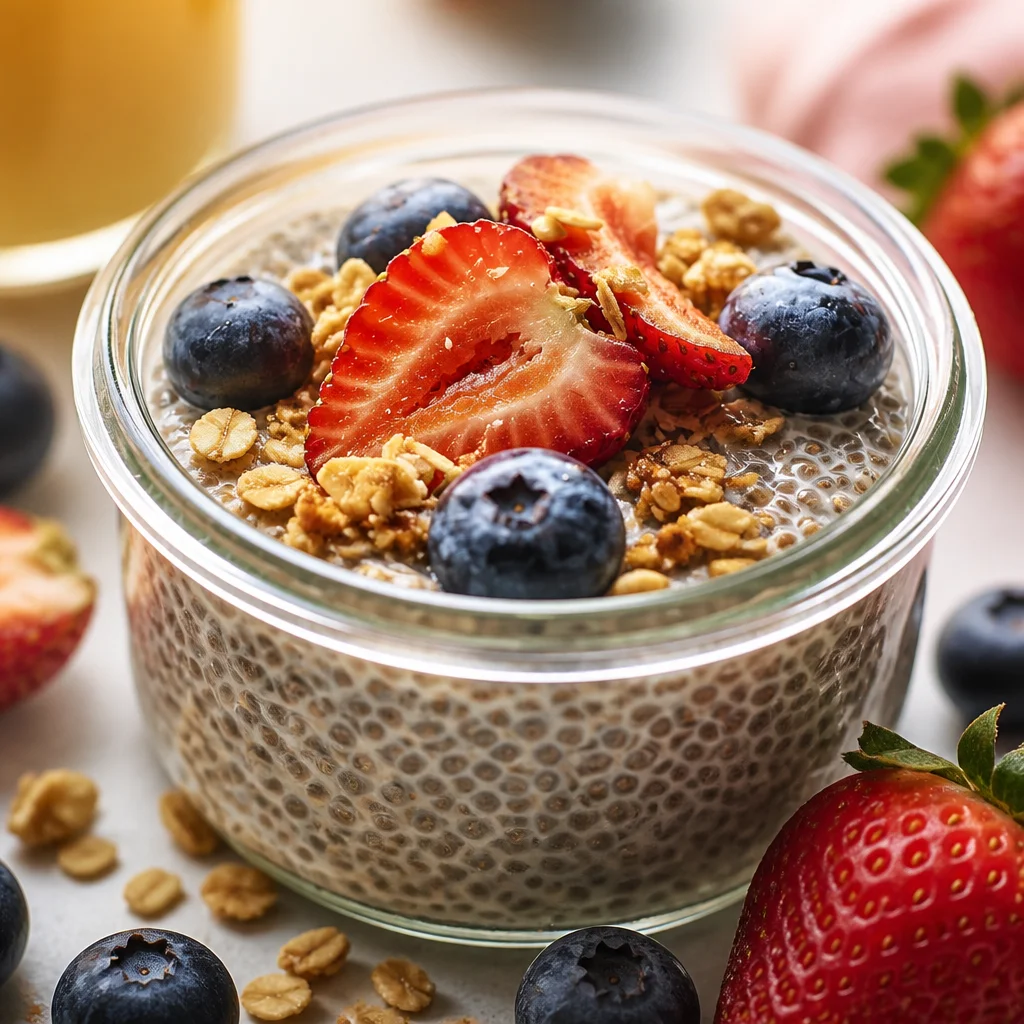 Delicious Easy Chia Pudding — Overnight Vanilla Berry topped with fresh berries.