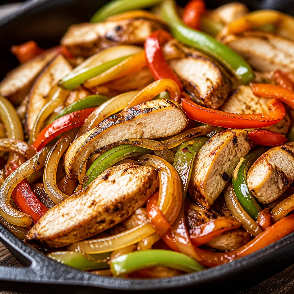 Easy Chicken Fajitas with sizzling peppers and onions in a skillet.