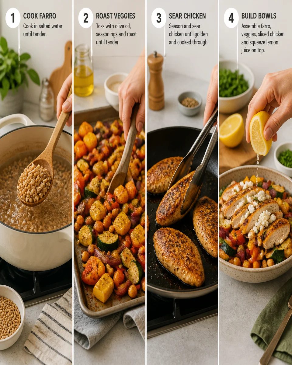 Easy Chicken Grain Bowl — Farro Roasted Veggie