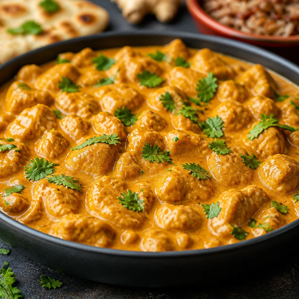 Bowl of Easy Chicken Korma with mild creamy coconut sauce and tender chicken pieces.