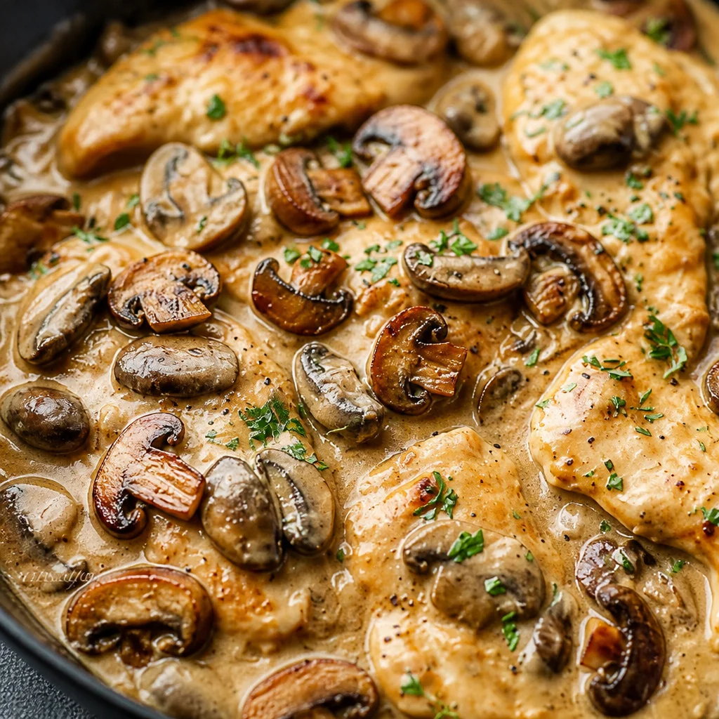 Easy Chicken Marsala with mushrooms in a rich wine sauce, perfect for a quick dinner.
