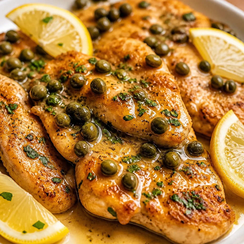 Delicious Easy Chicken Piccata with Lemon Caper Butter Sauce served on a plate.