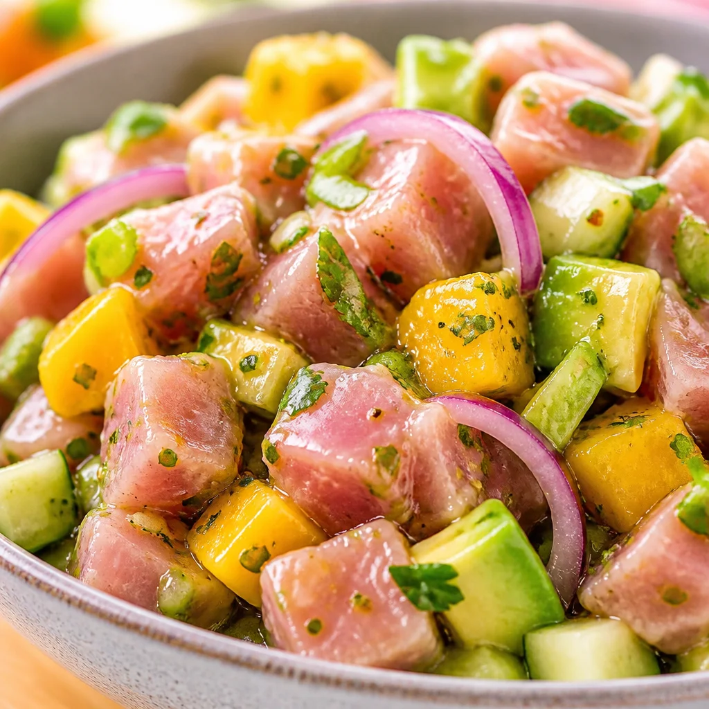 Easy Chicken Poke Bowl with Mango and Avocado served in a colorful bowl.