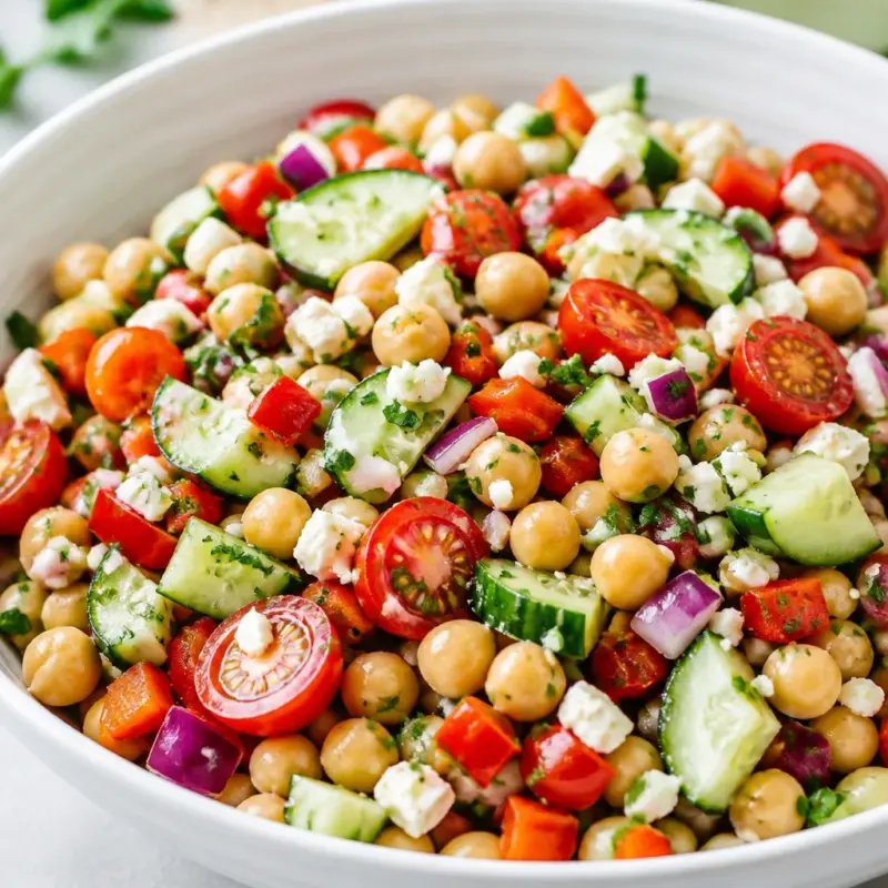 Delicious Easy Chickpea Mediterranean Salad with lemon vinaigrette and fresh vegetables.
