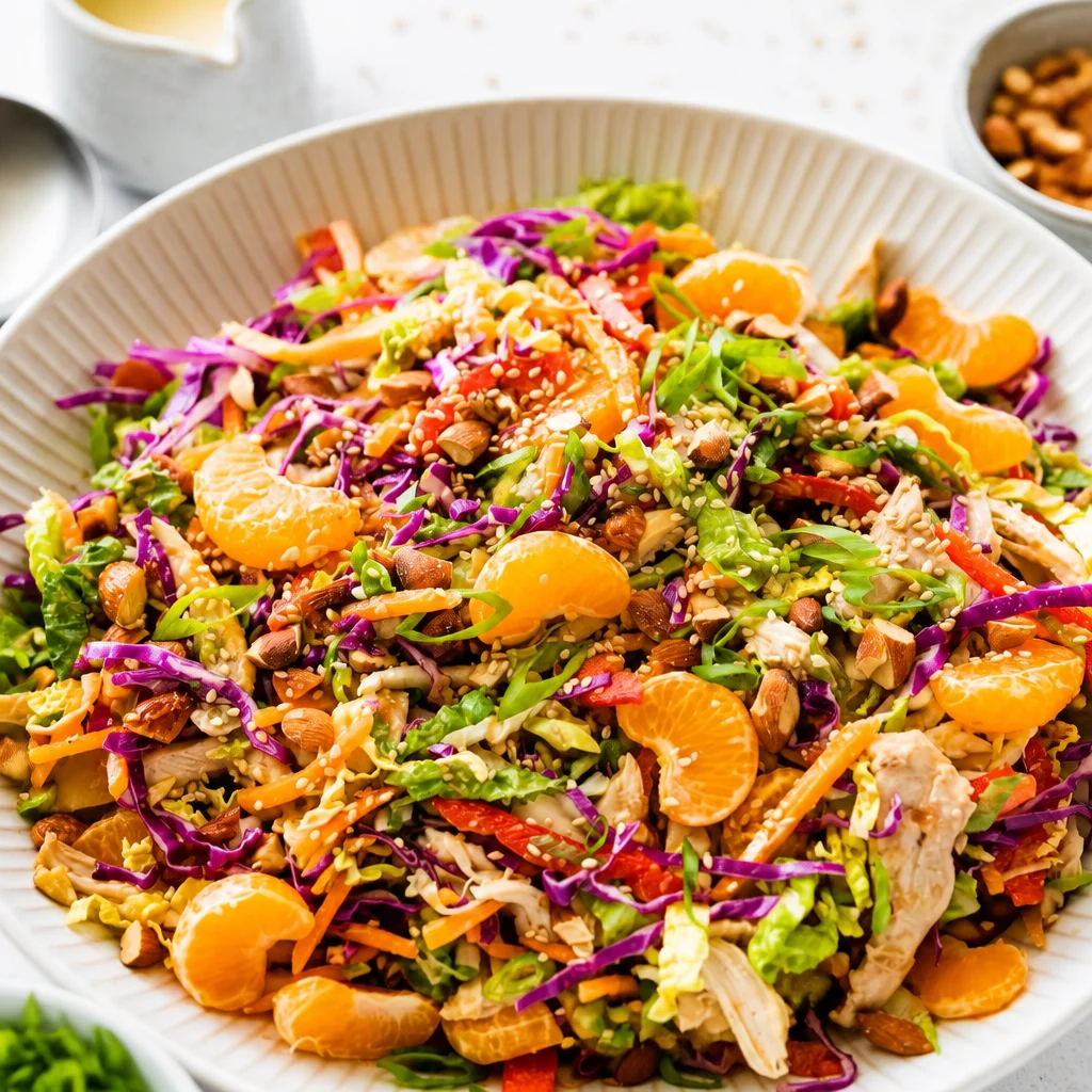 Bowl of Easy Chinese Chicken Salad with mandarin oranges and crispy textures.