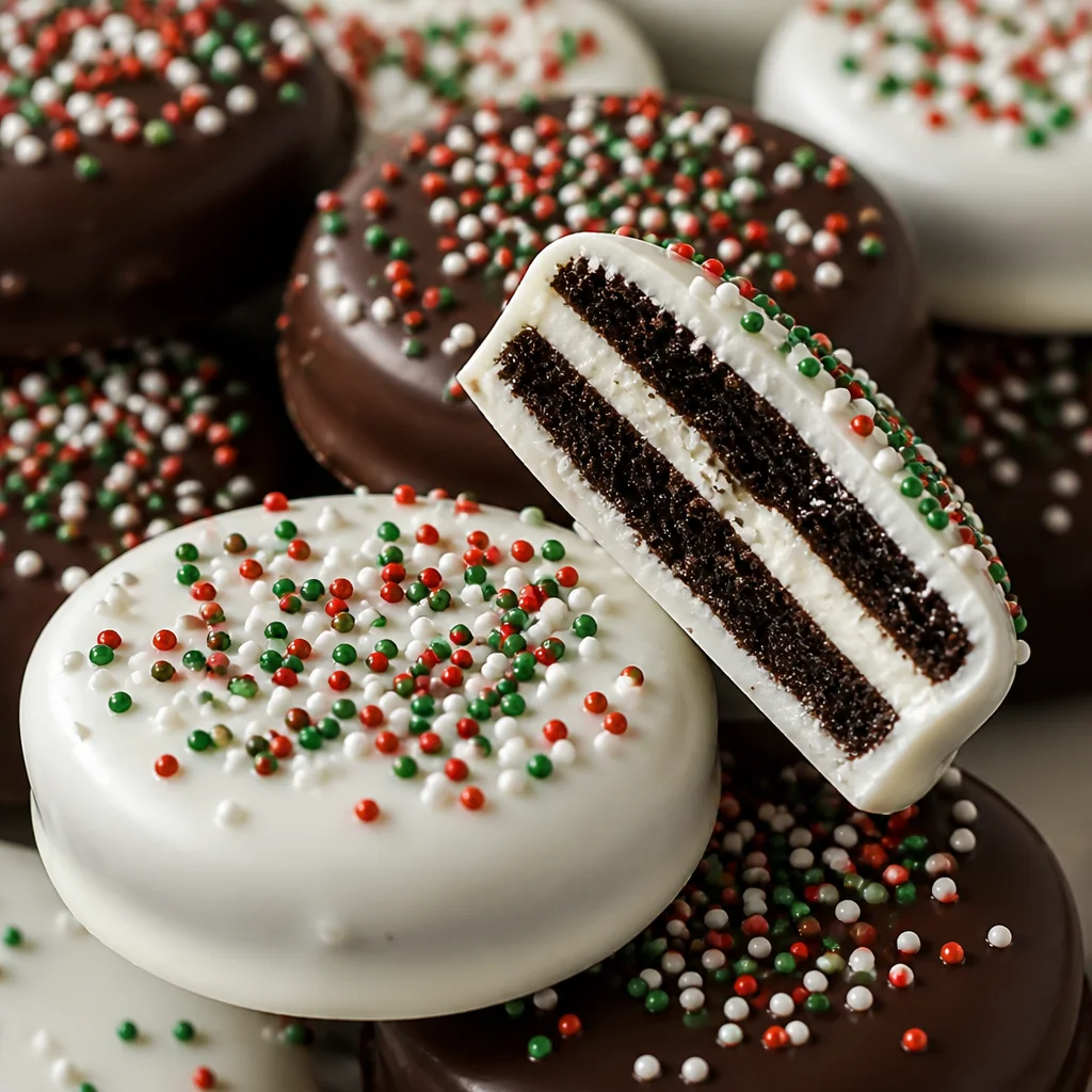 Easy Chocolate Covered Oreos decorated with colorful sprinkles for a festive party treat.