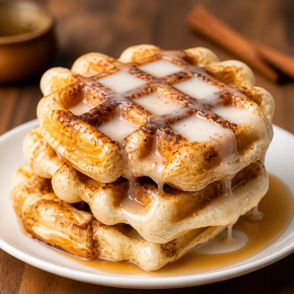 Delicious Easy Cinnamon Roll Waffles made with crescent dough and topped with icing.
