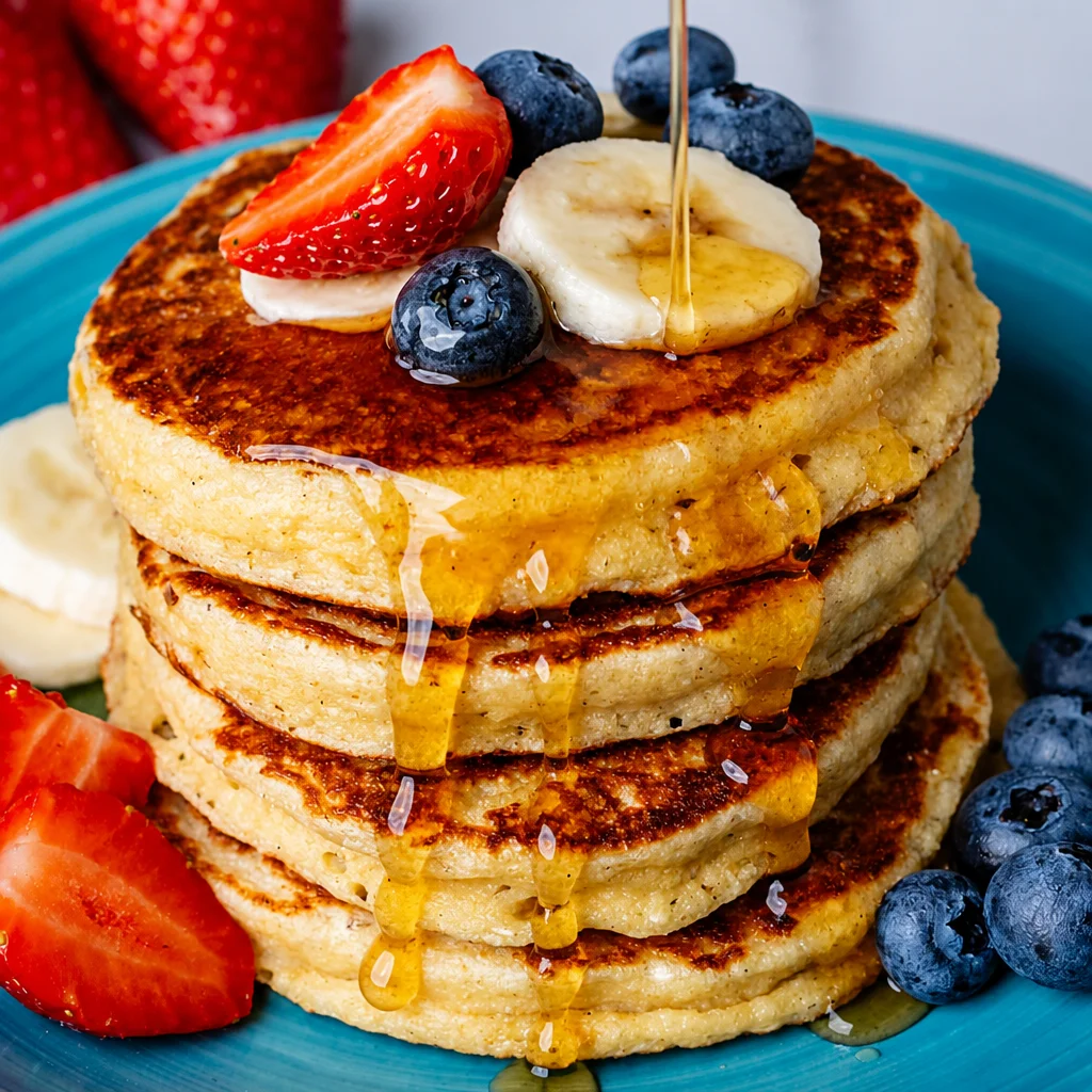 Fluffy Easy Cottage Cheese Pancakes served with syrup and berries, high in protein.