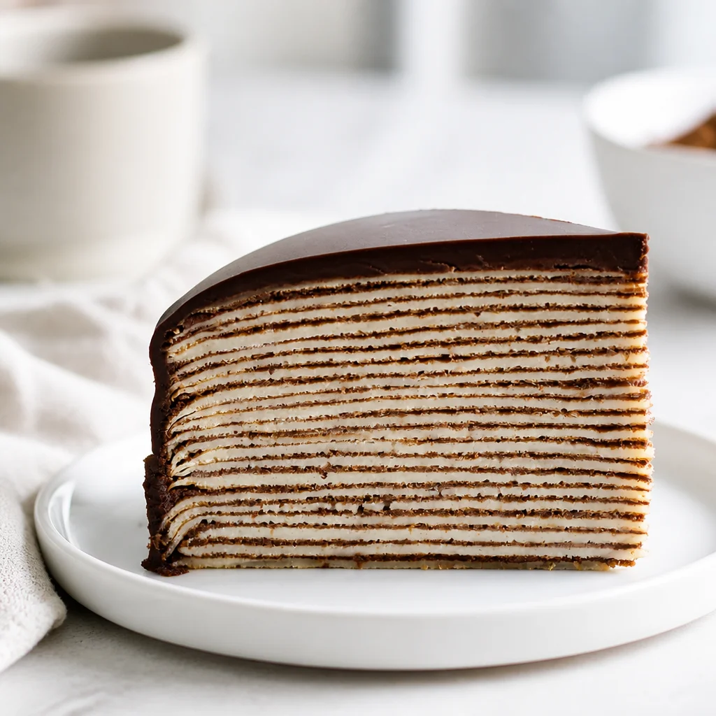 Easy Crepe Cake with layers of delicate crepes and whipped cream, a French Mille Crepe.
