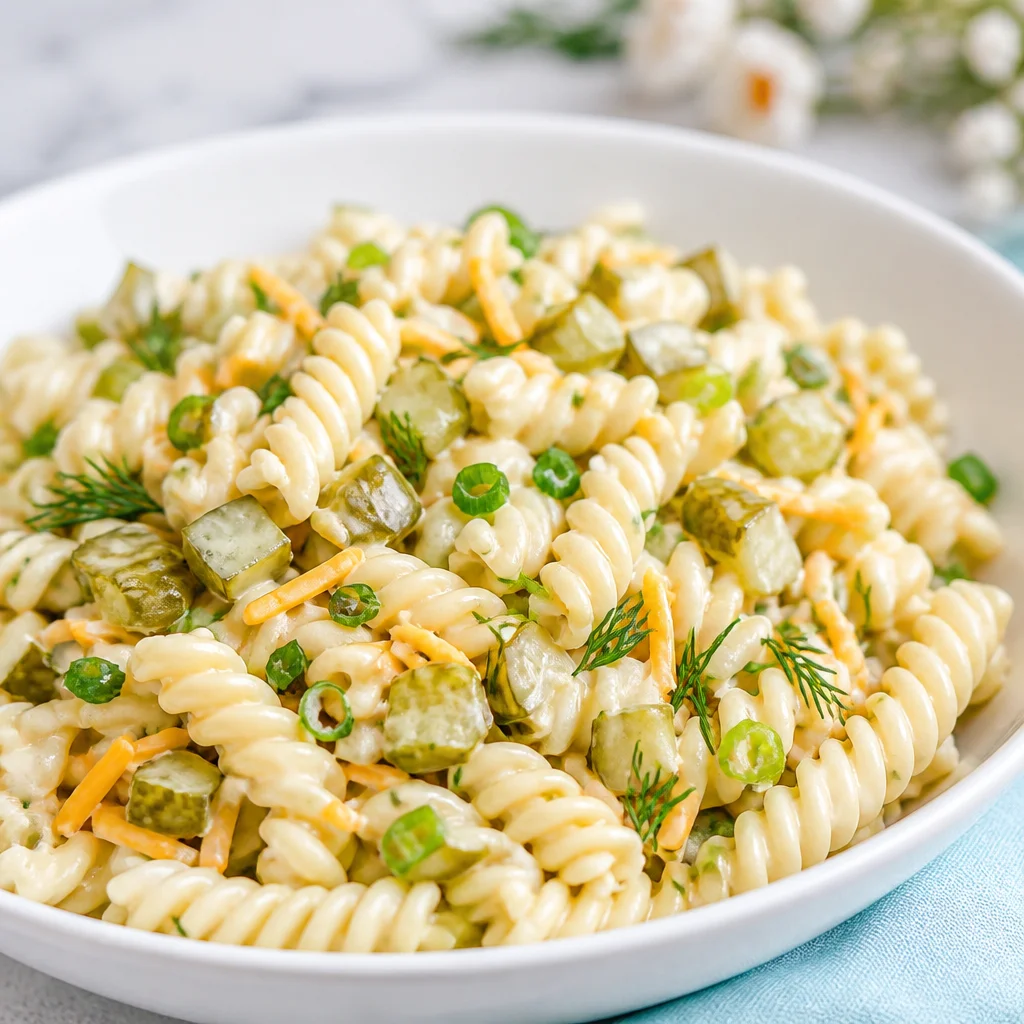 Easy Dill Pickle Pasta Salad with Tangy Ranch dressing and crunchy dill pickles.