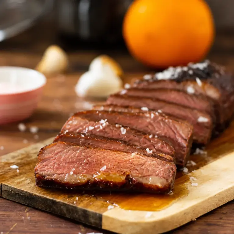 Pan-seared duck breast with a sweet orange glaze served elegantly on a plate.