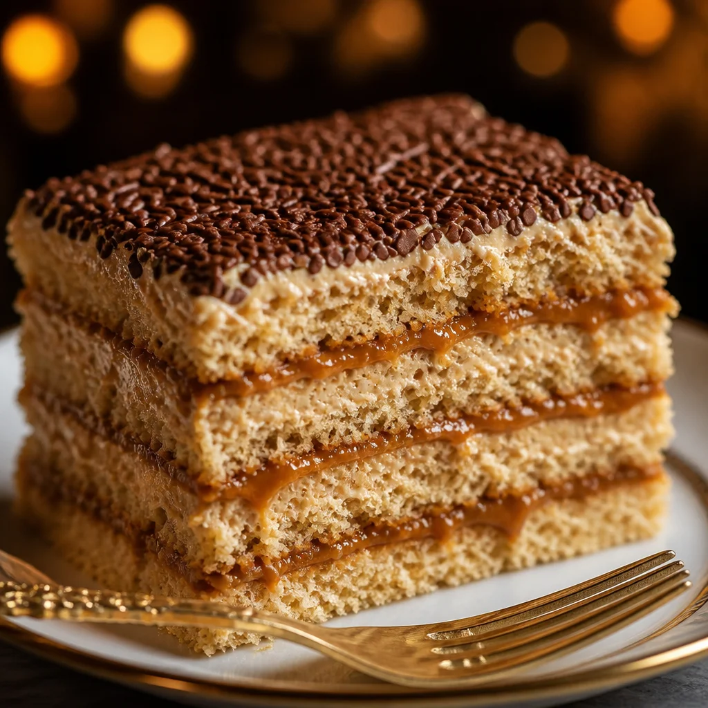Slice of Easy Dulce de Leche Cake with caramel milk layers and creamy frosting