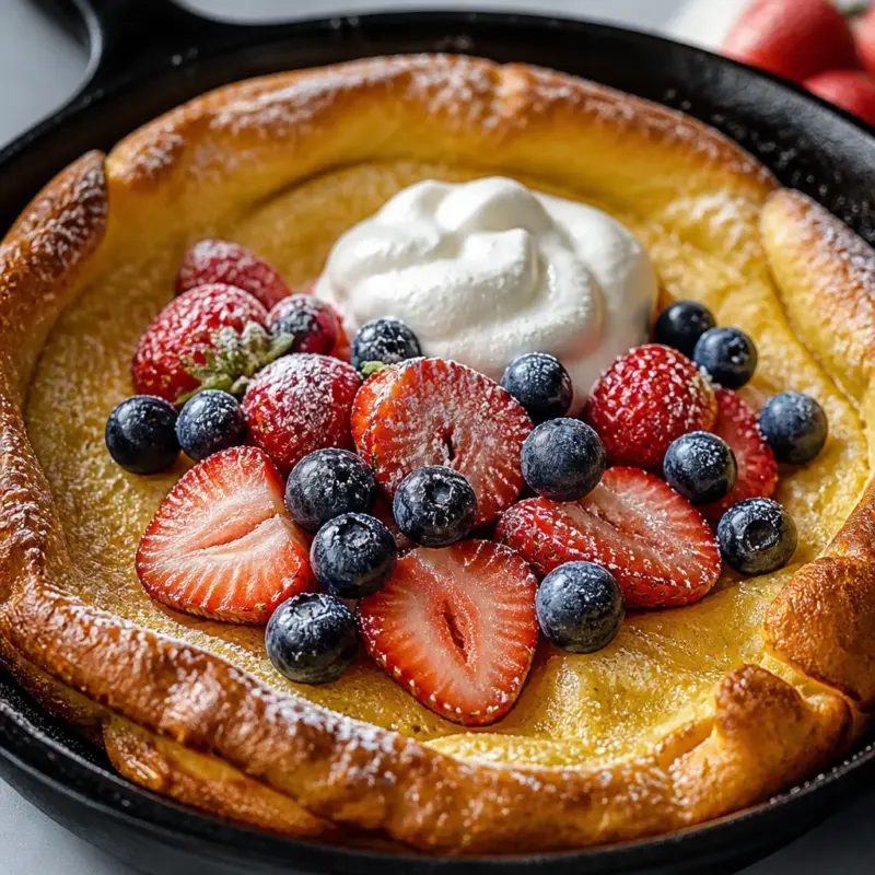 Golden, fluffy Easy Dutch Baby Pancake baked in a skillet with toppings.