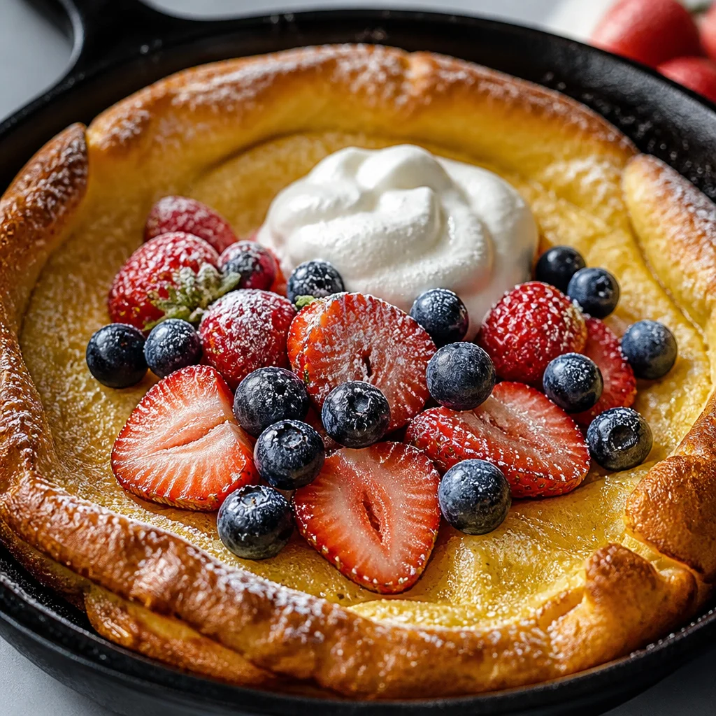 Golden, fluffy Easy Dutch Baby Pancake baked in a skillet with toppings.
