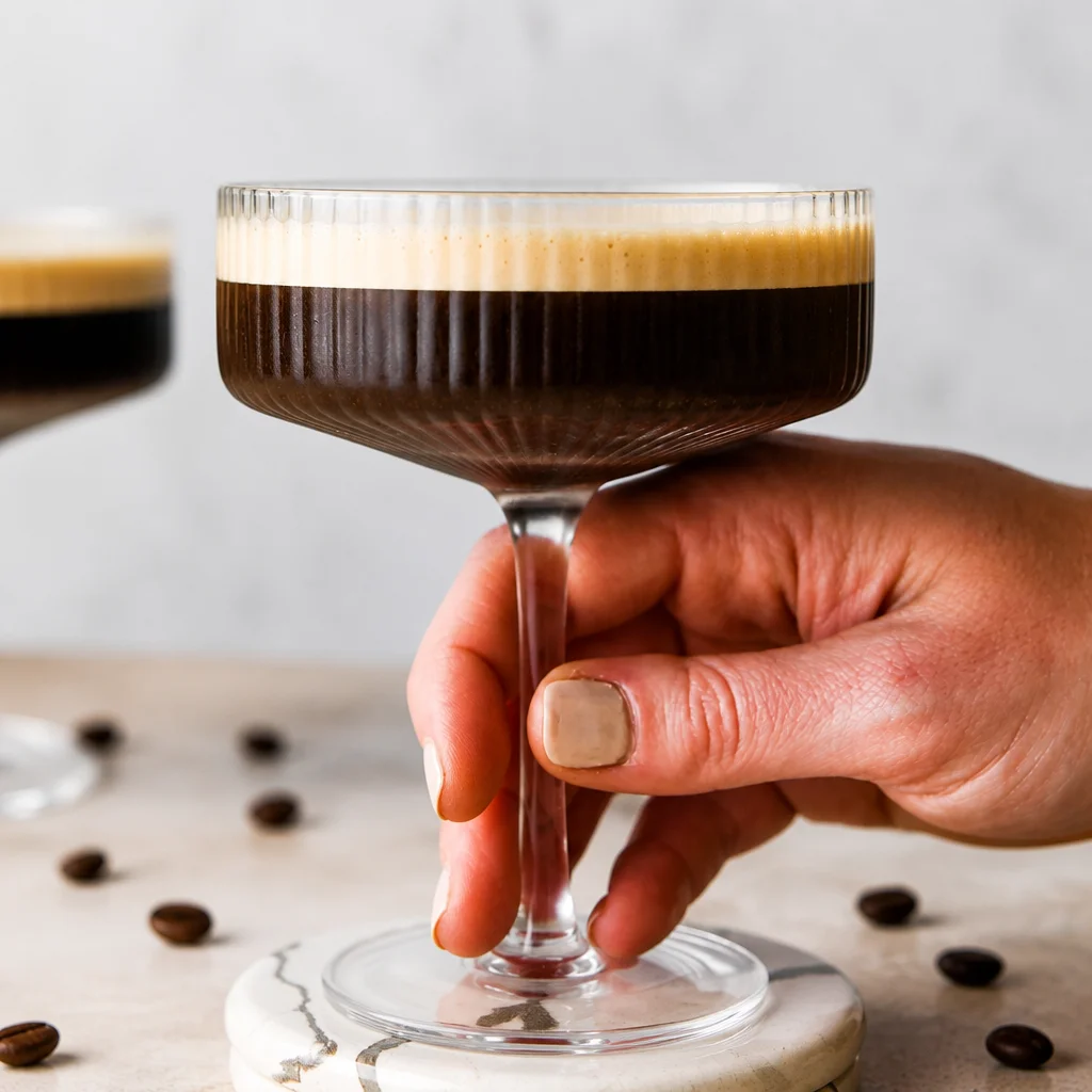 Easy Espresso Martini cocktail made with espresso, vodka, and coffee liqueur in a stylish glass.