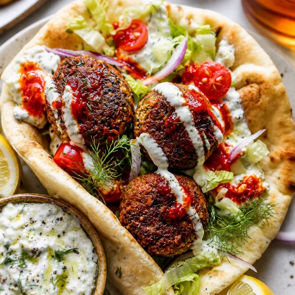 Easy Falafel Wrap with Pita Tzatziki Salad and fresh vegetables.
