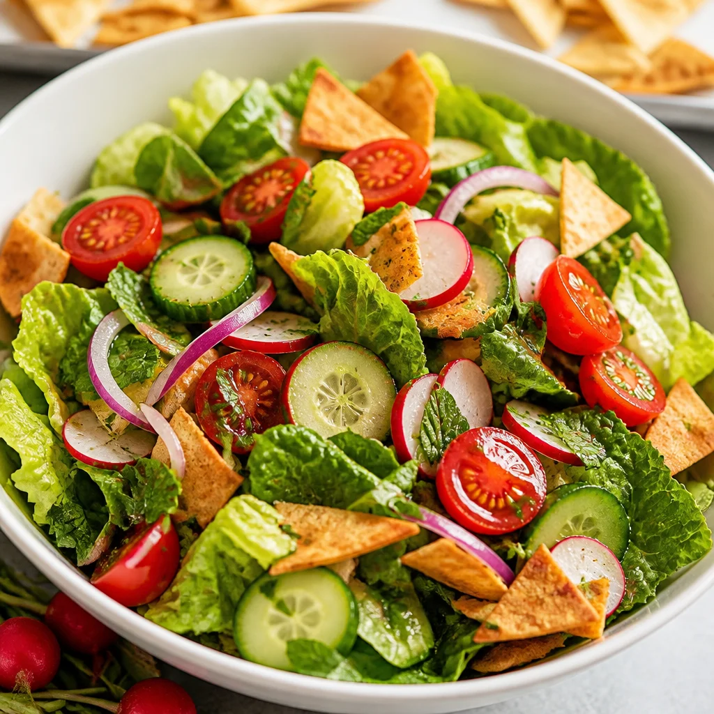 Bowl of easy Fattoush Salad topped with crispy pita chips, cucumbers, and tomatoes.