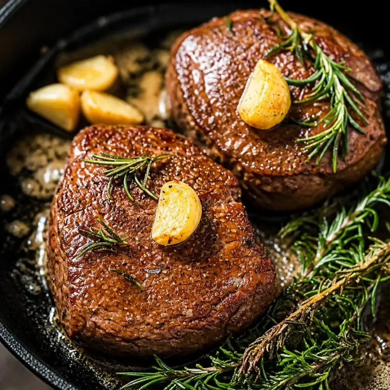 Juicy Easy Filet Mignon, pan-seared to perfection, served with garlic herb butter.