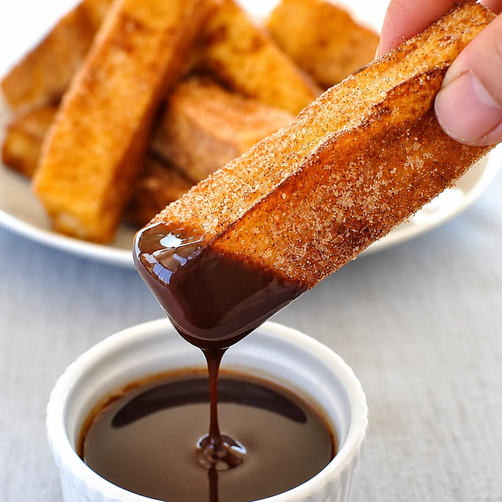 Easy French Toast Sticks — Dippable Cinnamon with syrup on a plate