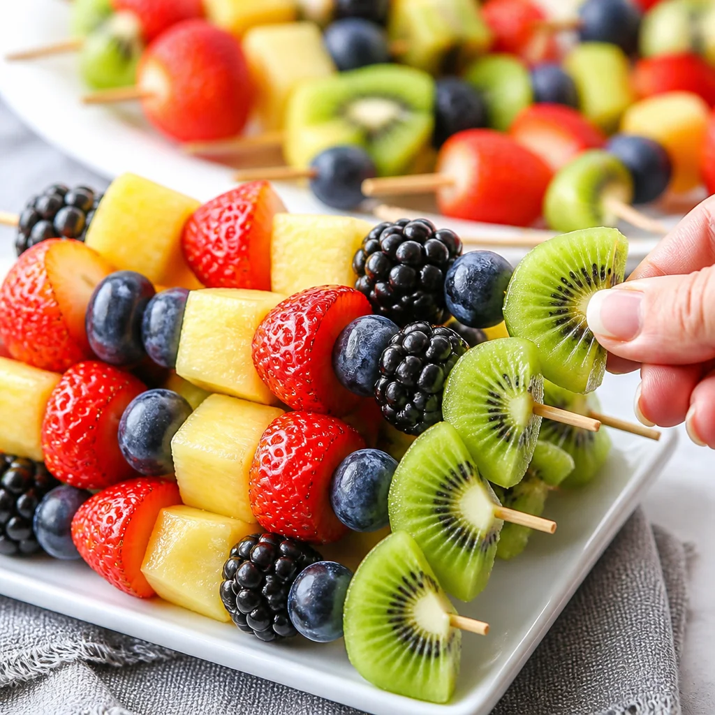 Colorful rainbow fruit skewers served at a summer party with yogurt dip.