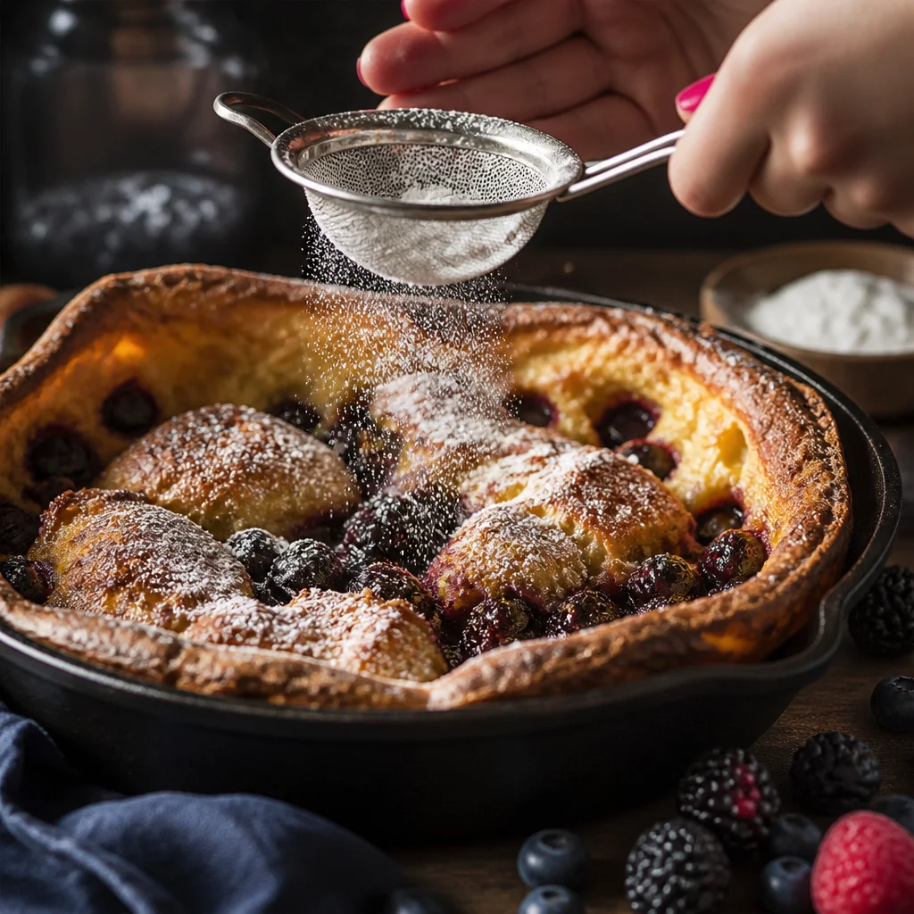 Freshly baked Easy German Pancake in a skillet, puffed and golden brown.