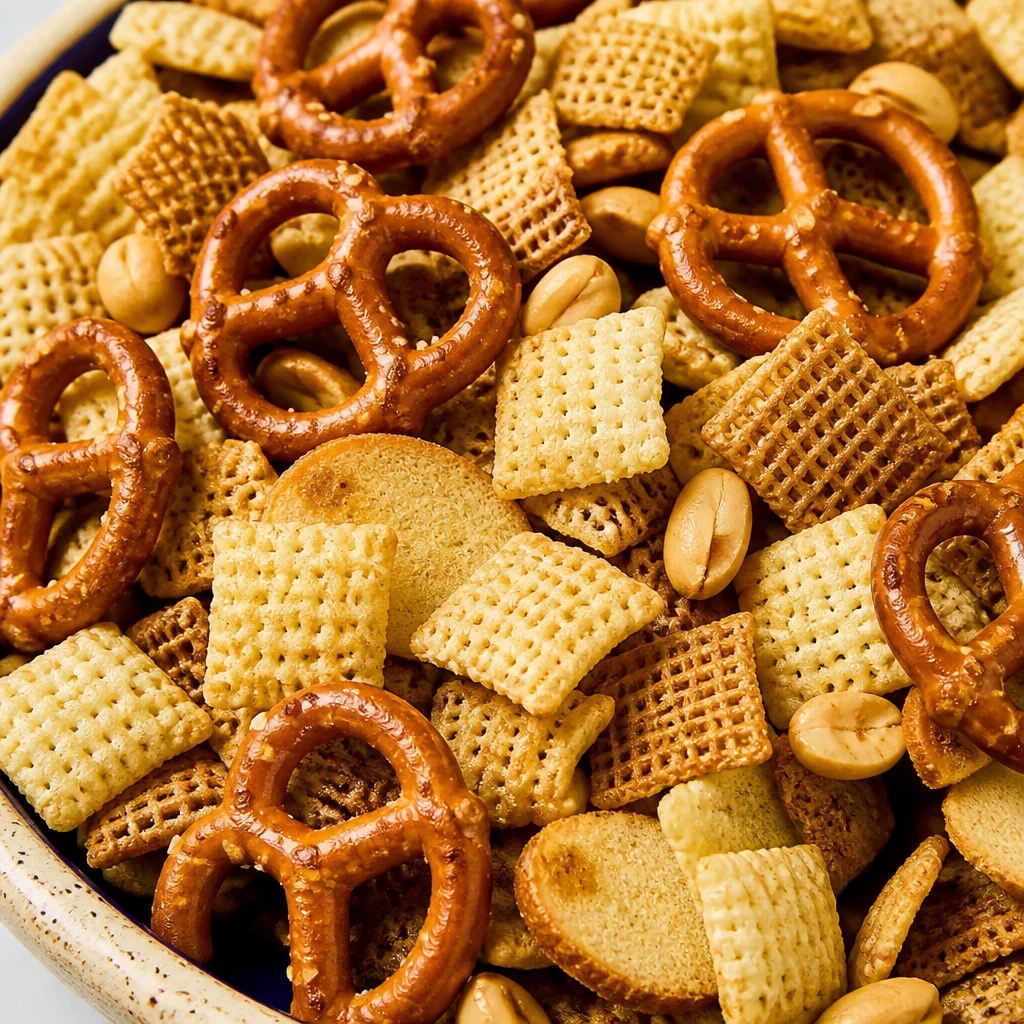 Delicious Easy Homemade Chex Mix — Party Snack Mix with cereal, pretzels, and nuts.