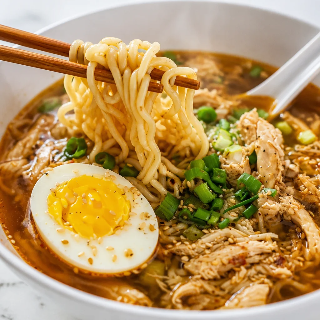 A delicious Easy Homemade Chicken Ramen Bowl topped with fresh vegetables and chicken.