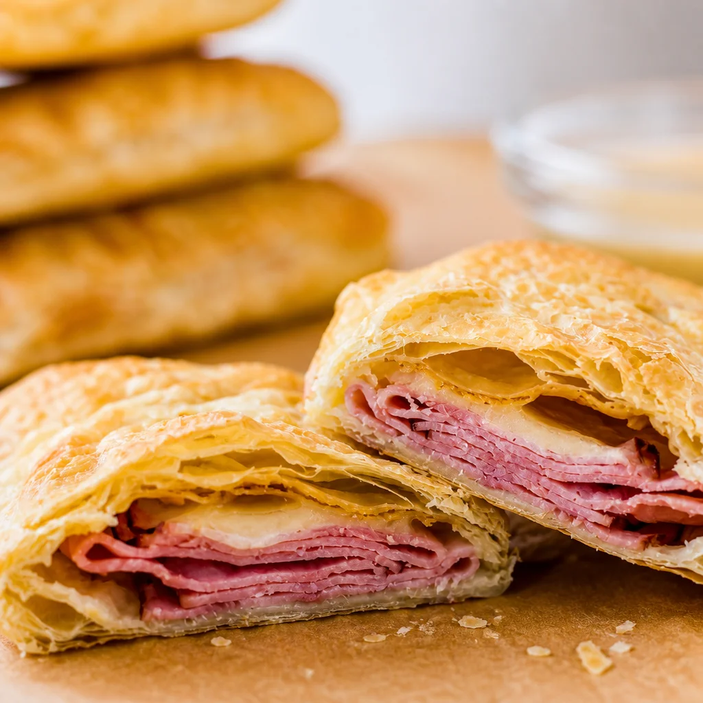 Easy homemade hot pocket filled with cheese and ham on a white plate.