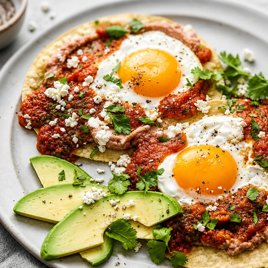 Traditional Easy Huevos Rancheros with fried eggs, corn tortillas, and tomato-chile salsa.